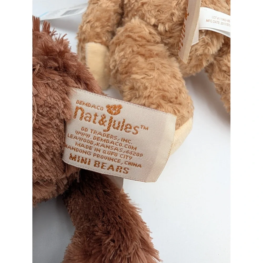Demdaco Nat and Jules Mini Bears Brown Lot of 3 Plush 7 Inch Stuffed Animal Toy